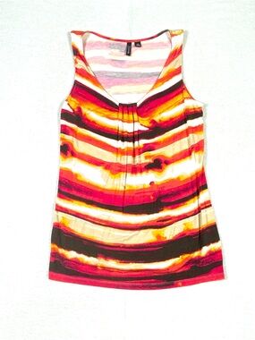 Relativity Tank Top Womens M Multicolored Striped Abstract V-Neck Pleated Center